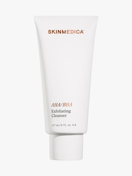 SkinMedica AHA/BHA Exfoliating Cleanser in branded tube component on a light gray background